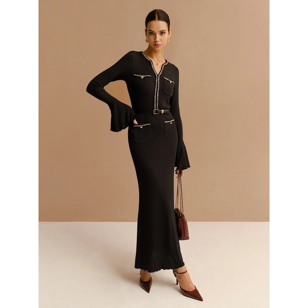 COMMENSE Black Contrast Trim Gold Button Pocket Flared Maxi Skirt Size S